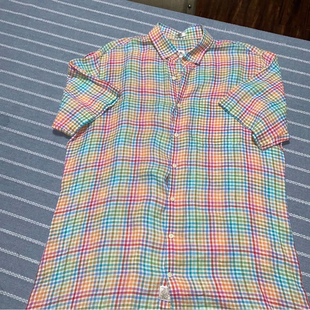 Peter Millar Rainbow Grid Print Short Sleeve Button‎ Up Shirt Large